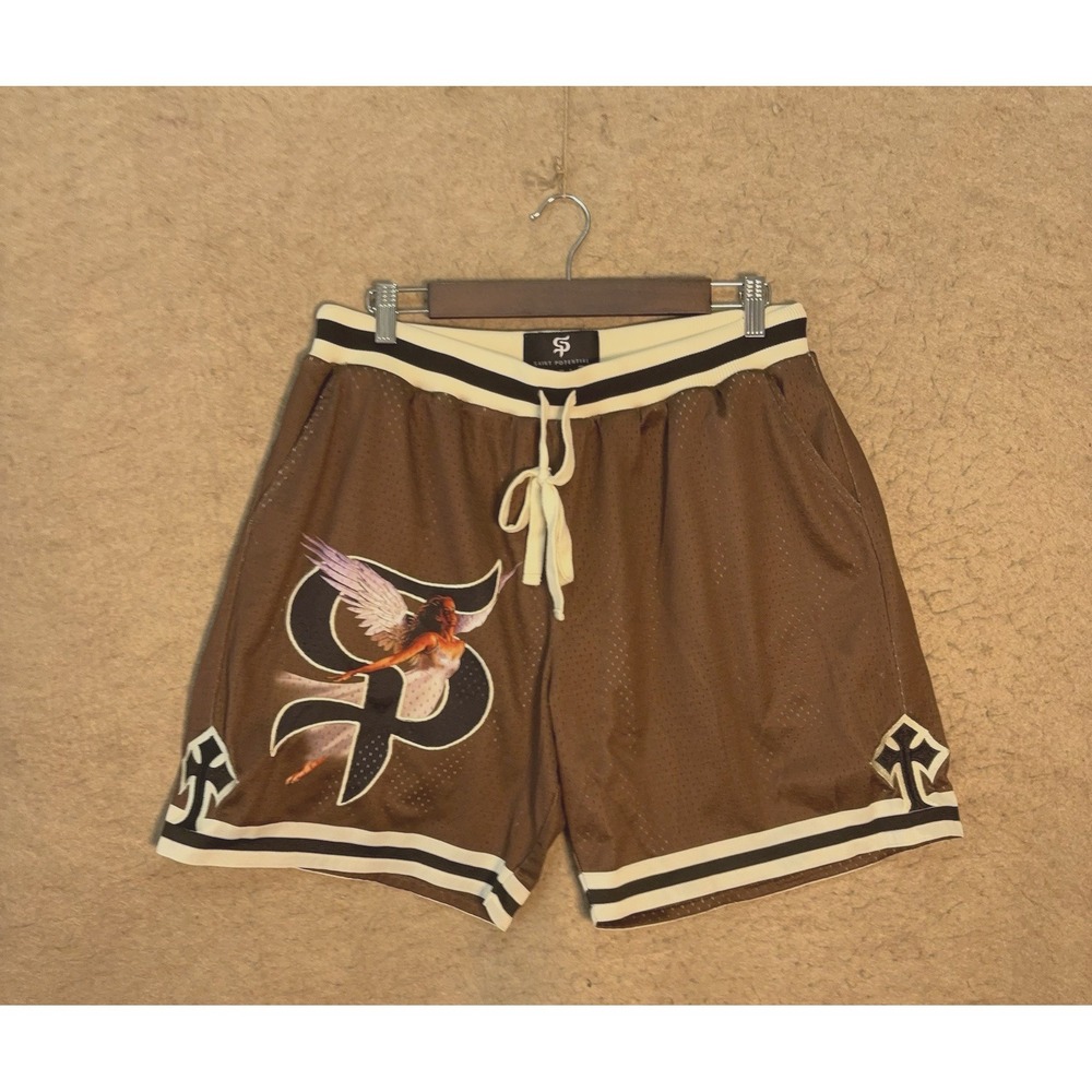 Saint Potential Shorts Mens XL Brown Angel Graphic Mesh Basketball Streetwear‎